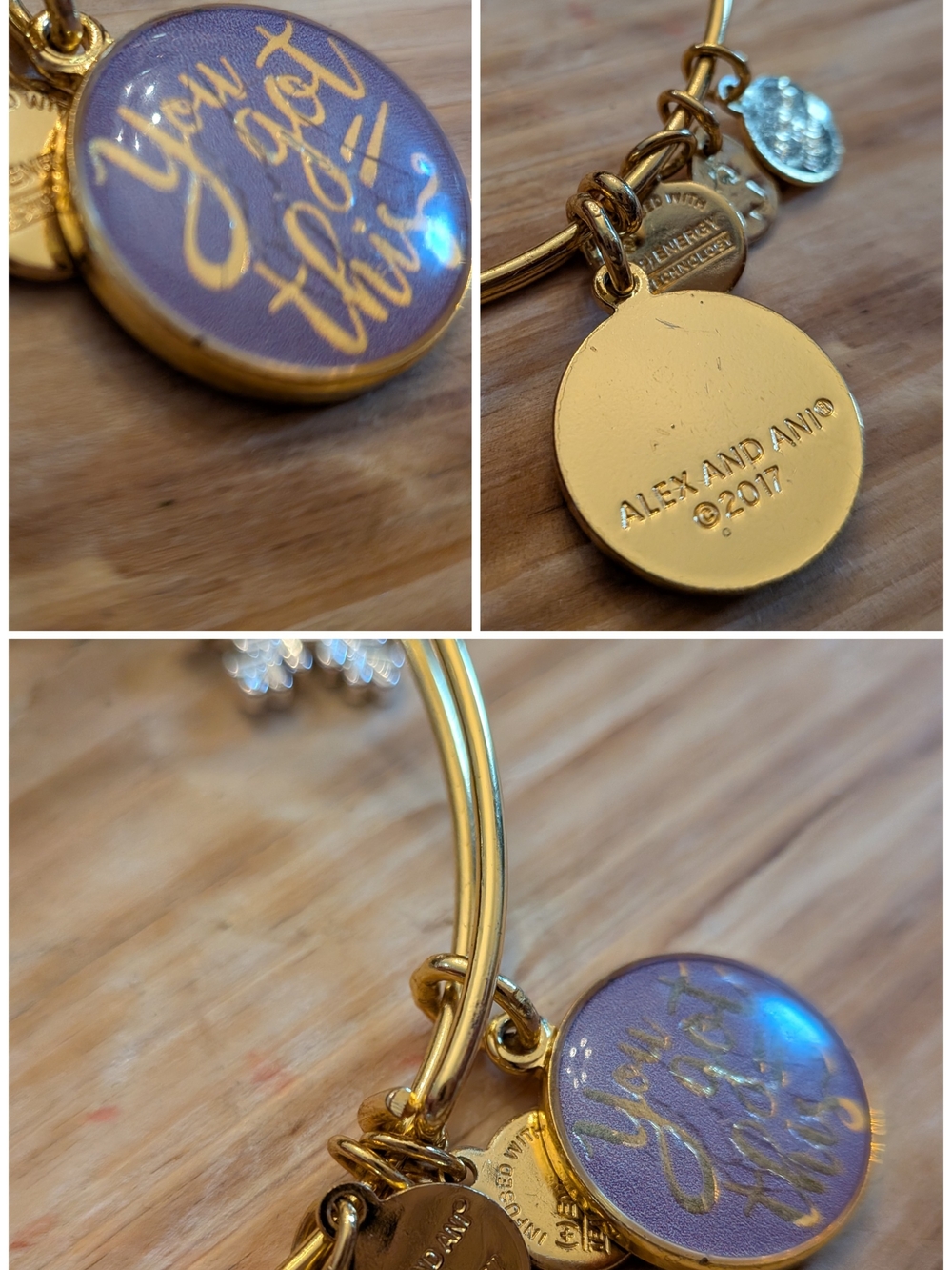 Alex and Ani Gold Tone Bracelet with Purple 'You Got This' Enamel Charm Rare Lim